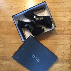 BARNEYS NEW YORK SUEDE AND SNAKE PLATFORM SHOES